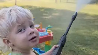 Power washer for toddlers | Power washing his toys and driveway!