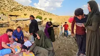 Nomadic mother returning from the hospital and hugging her son