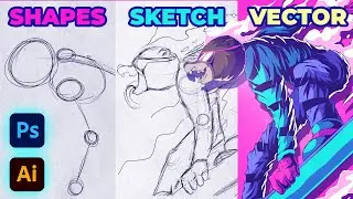 Lanky Bear Illustration Process - Drawing in Photoshop CC & Vectoring in Illustrator CC - Speed Art