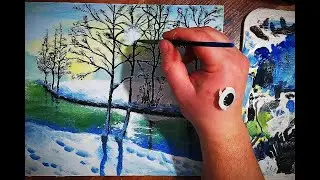 Рисунок акрилом. Холодная река. Acrylic drawing. Cold river. アクリル絵具。 冷たい川。