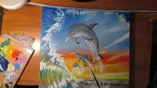 Прыгающие дельфины.нарисовать масляными красками.