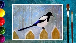 Как нарисовать сороку  Рисуем зимний пейзаж