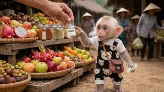 Oh, Bany Monkey Bibi is going to the market to help Mom!