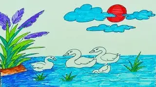 Como Dibujar y Colorear Pato cisne - Dibujos Para Niños con Aprender Colores