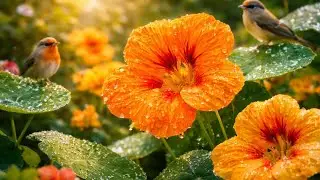 Beautiful Nasturtium Flowers After Rain | Relaxing Garden Nature with Birds Chirping