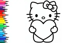 Hello Kitty Holding BIG Valentine 💝 Heart Drawing and Coloring Tutorial for Kids & Toddlers