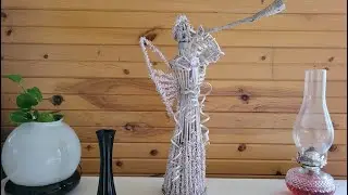 CHRISTMAS ANGEL, Christmas Angel and trumpet, white newspaper angel and trumpet, NEWSPAPER CRAFT