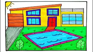 Havuzlu Villa Çizimi -  Ev Resmi Çizimi - Kolay Çizimler - Ev Resmi Nasıl Çizilir? - Kolay Ev Çizimi
