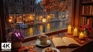 Rainy Autumn Canal Café by the River 🍂 Smooth Jazz Piano with Candlelight Ambience for Sleep & Relax
