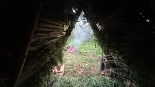 Lonely camping in a hut. Bushcraft
