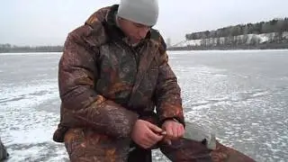 Fishing on the lake Potovalne . Pike on the imitation fish, roach (Bursch). Winter fishing.