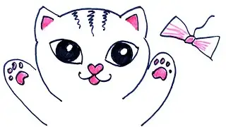 Как нарисовать котенка. Кот играет с бантиком. Рисунок фломастером.
