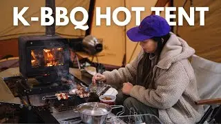 Korean BBQ in a hot tent camping in the winter rain | No talking | ASMR