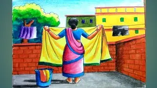 How to draw a scenery of working women/step by step drawing working lady
