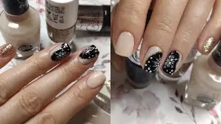 Зимний дизайн ногтей классическими лаками + стемпинг.