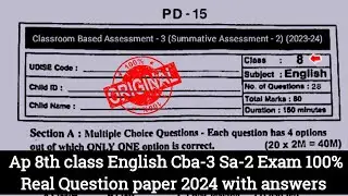 Ap 8th class english Sa2 💯real question paper 2024|8th class cba-3 Sa2 english question paper 2024
