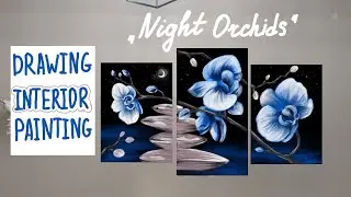 Floral Art on a Large Canvas for relaxation room interior. Step by step  Blue-White Orchid painting