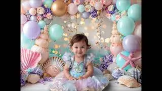 Seashells and Balloons Digital Cake Smash Backdrop For Baby Birthday Portrait Background Overlay