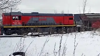 Железнодорожный переезд без шлагбаума. ТЭМ2 забирает думпкары с ДСК Псков.