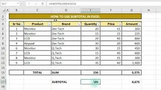 Use of Subtotal in Excel [ How to use subtotal in MS Excel ]