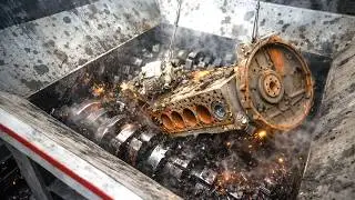 Giant Shredder Destroys Hard Matel Engine And Motorcycle! Metal Shredding Machine