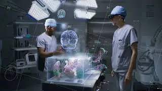 Multiethnic surgeons using holographic display. High-tech surgery