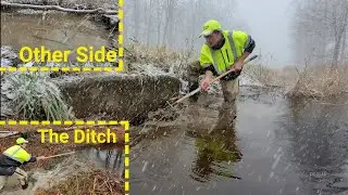 Unclogging Culvert And Removing Beaver Dam In Ditch During SnowStorm