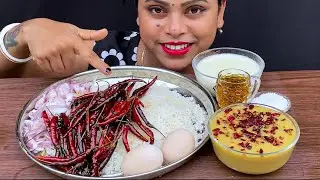 ASMR EATING DRY CHILLI VORTA WITH RICE,DAL & KHEER | EATING SHOW | MESSY EATING