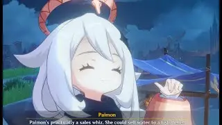 Paimon became a Top Merchant that sell water to fish in front of Traveling Merchant Atefeh