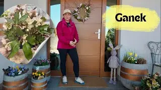 Easter Porch Decorations. Concrete Flower Pots, Ornaments, and Door Wreaths
