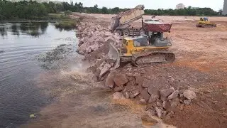 Large Stone Filling 30% New Corner Completed By Skillfully Technique With Dump Trucks Process