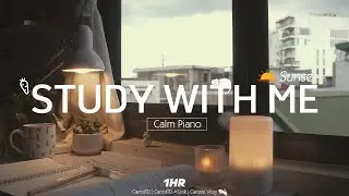 1-HOUR STUDY WITH ME | Calm Piano 🎹, Background noises | Pomodoro 25/5 | My room at Sunset