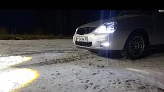 Лада Приора // Заводские Фары на LED лампах + LED линзы ПТФ на Дороге
