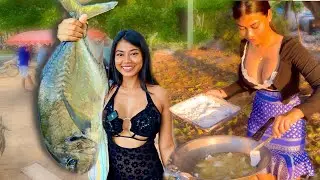 Thai Girl Cooking Huge Fish - Fry Fish With fish sauce and mango Salad | How to cook Thai food