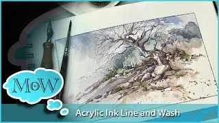 Acrylic Ink Line and Wash. Watercolor Landscape.