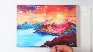Beautiful Sunrise over Mountains / Easy Art / Abstract Landscape Painting (Acrylic) 😃