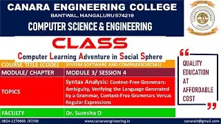 VTU SS CD(18CS61) Context-Free Grammars: Ambiguity, Verifying the Language, CFG vs RE (M3 L4)