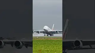 MIGHTY Emirates A380 WET Takeoff at Schiphol #aviation #planespotting #schiphol #shorts #plane