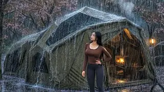 🌧️ Heavy Rain Camping in a Large 2-Room Inflatable Tent 🌸 Rain Sounds . Camping ASMR