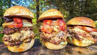 Cowboy BEEF Burgers with Cheese & Bacon | Wild Campfire Cooking ASMR