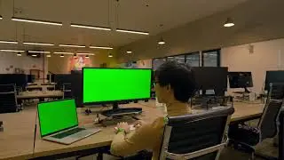 HOMBRE trabajando en una oficina fondo verde MAN working in an office green background