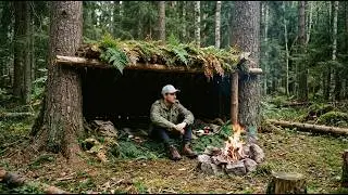 Surviving the Night in My Bushcraft Shelter - Building Log Walls & Stone Fireplace