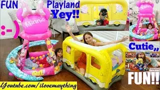 Peppa Pig School Bus Playhouse! Inflatable Playhouse Disney Minne Mouse and Toy Cars for Kids
