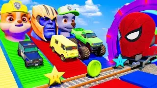 Big & Small: Mcqueen with Spinner Wheels vs Long Monster Truck Tow Mater vs Thomas Trains - BeamNG