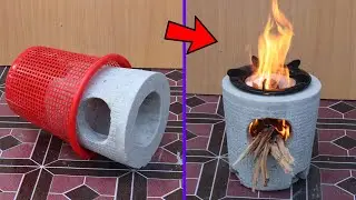 Creative Firewood Stove From Plastic Basket ।। Easy Cement Stove