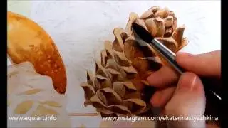 Как рисовать кедровую шишку акварелью