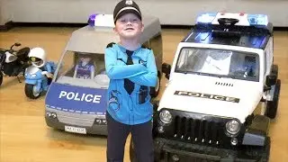 Police toys, police cars and police giant Senya are chasing a motorcycle