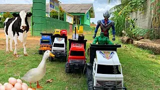 Mobil Mobilan Tronton Panjang Menurunkan Muatan Mainan Mobil Polisi, Tayo, Excavator, ultraman