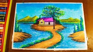 Beautiful Indian Village Scenery Drawing|Easy Indian Village Scenery With oil pastel|Scenery Drawing