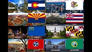 50 States of America ( USA ) - All Flags with landmark or landscape images